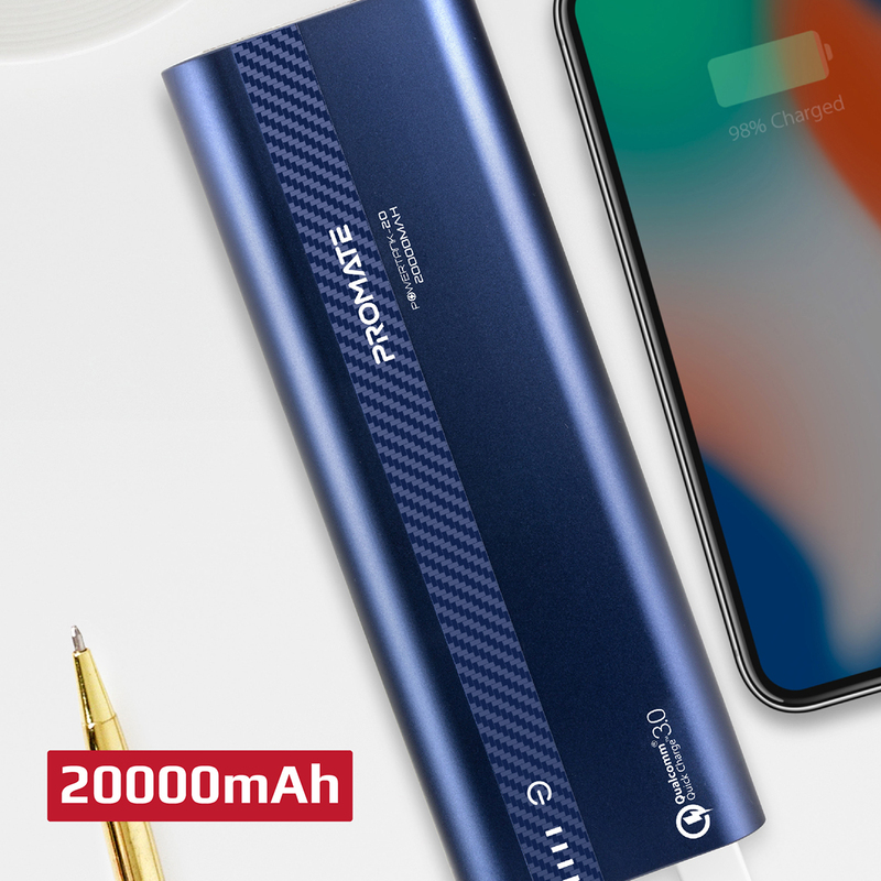 Promate 10000mAh PowerTank-20 Qualcomm QC3.0 Powerbank, Aluminium Portable USB Type-C Input/Output 18W Power Delivery, Over Charging Protection for iPhone XS/XS Max, Samsung S9+, iPad, Blue